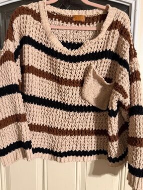 POL Striped Crochet Scoop-Neck Sweater in Beige, Brown & Black